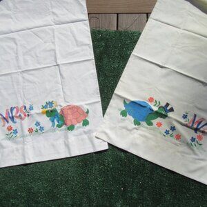 Vintage Mrs. & Mr. Turtle Hand Painted Standard Pillowcases Pillow Case Set